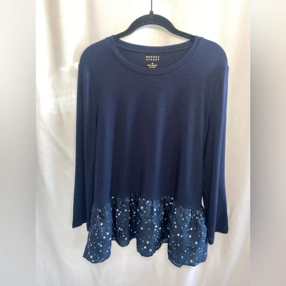 Kate Spade Broome Street 3/4 Sleeve Double Bottom Ruffle Rich Navy Top Size L - Picture 2 of 11
